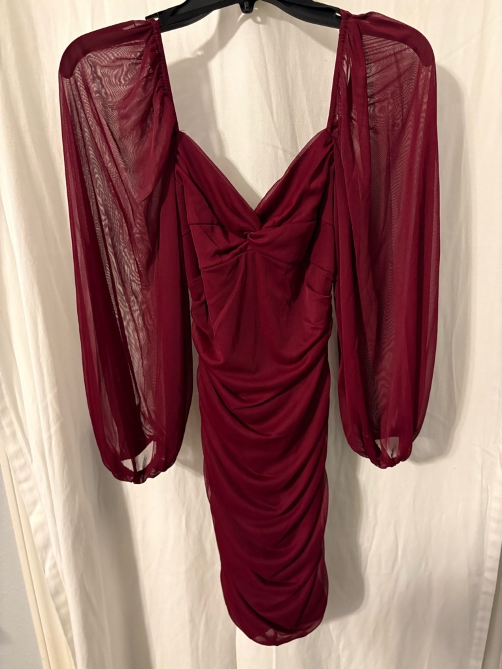 B Darlin Burgundy Ruched Dress with Sheer Bishop Sleeves
